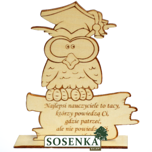 Sowa duża z grawerem na Dzień Nauczyciela na podstawce, ze sklejki  
