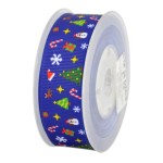 Tasiemka rypsowa GRANATOWA z mini nadrukiem BAŁWAN, CHOINKA, PREZENT, ŚNIEZYNKA 25mm/9mb