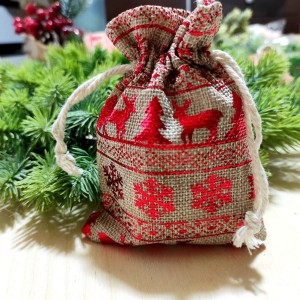 Woreczek juta metalizowany nadruk CHOINKI RENIFERY CHOINKI 10,5x13,5cm