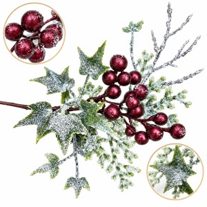 Gałązka dekoracyjna Jagódki Bordowe igliwie lście Oszroniona Brokatowa 30cm